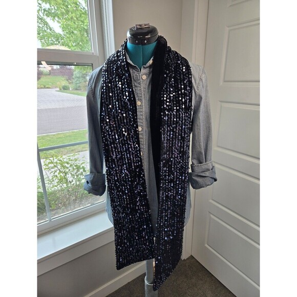 CHICO'S FANCY SPARKLE OBLONG SCARF BLACK SEQUINS BLACK VELVET WOMEN OS BLACK TIE - Picture 5 of 12